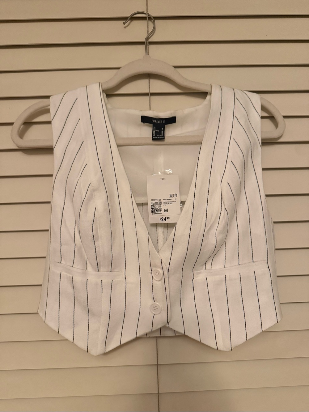 Forever 21 White Vest with Navy Pinstripes